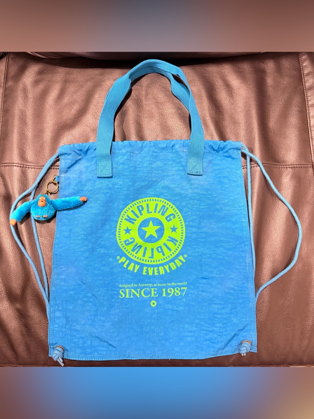 Kipling Blue Play Everyday Drawstring Tote Bag Backpack with Monkey Charm